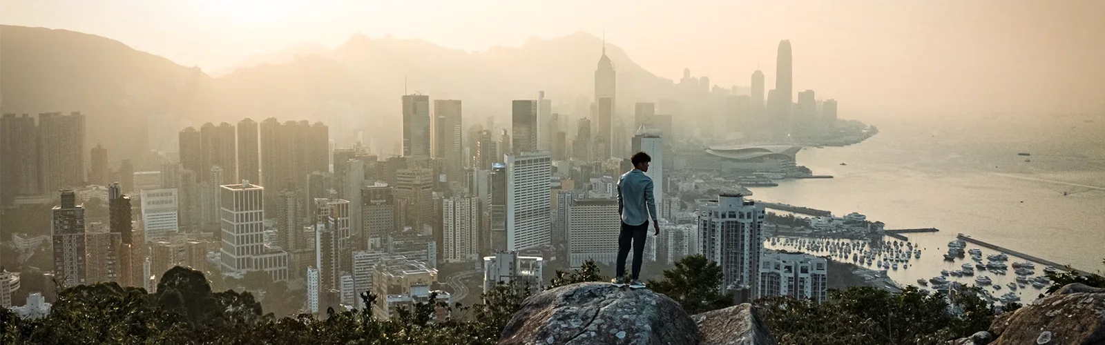 Lush green mountains of Hong Kong Country Parks meeting dense urban skyline across Victoria Harbour, demonstrating the 40% wilderness preservation achievement alongside world city development